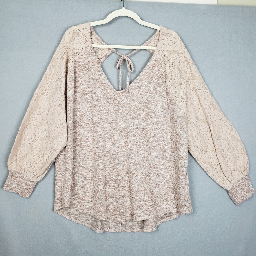 Maurices Size 3X Open Back Lace Sleeve Sweater Beige Marl Feminine Balletcore